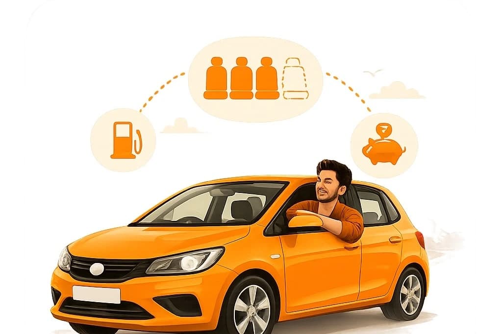 Driver sharing empty seats in an orange car on a scenic route